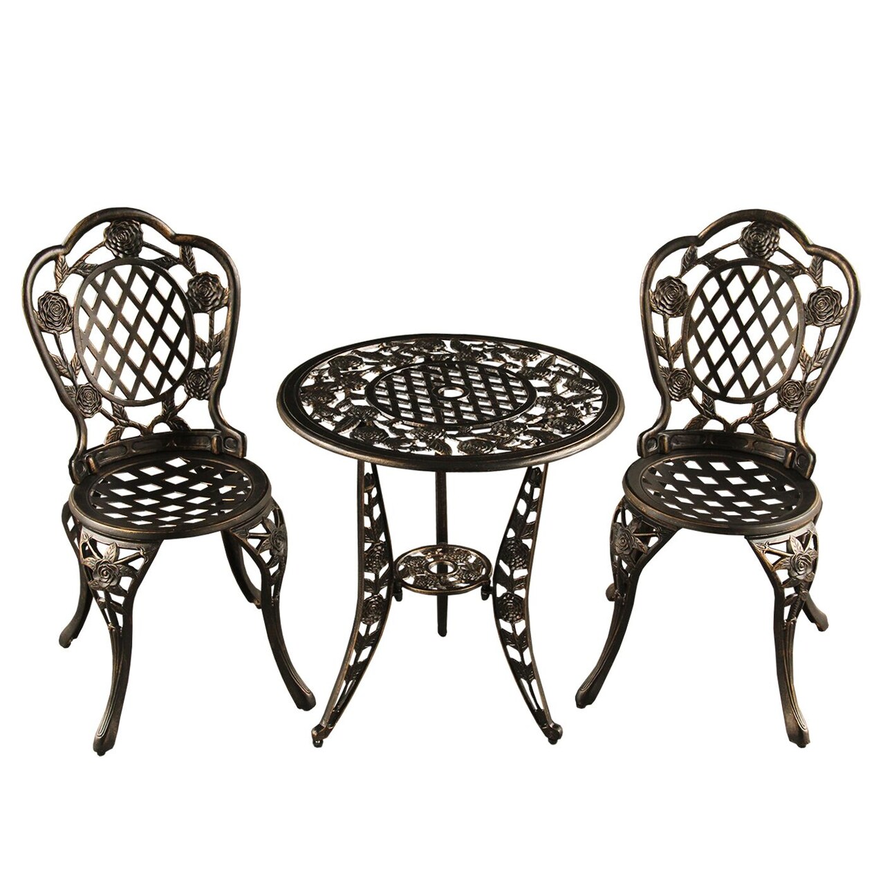 CC Outdoor Living 3-Piece Bronze Ornate Rose Cast Aluminum Outdoor Patio Bistro Chat Set